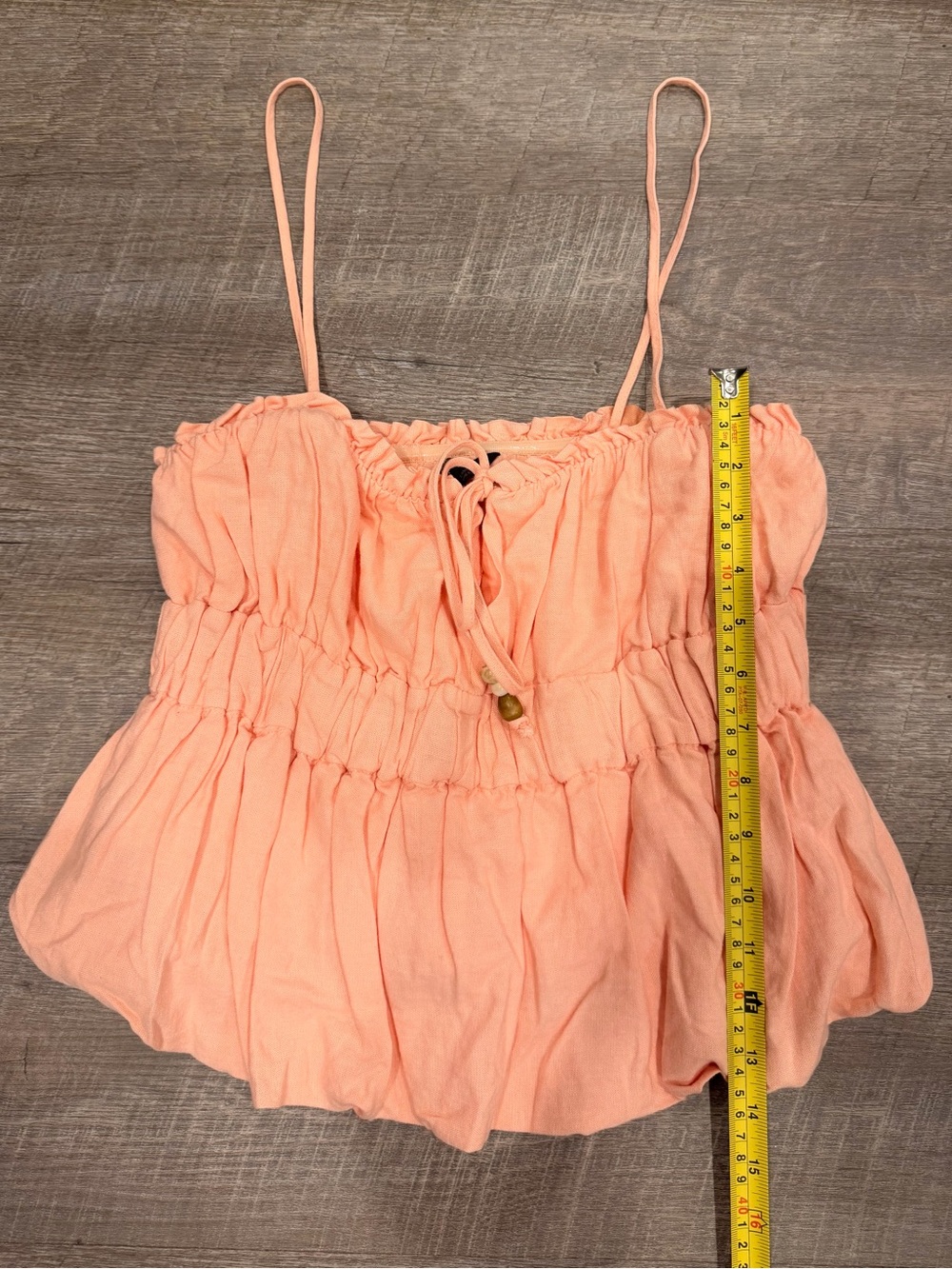 NWT Zara Linen Blend Bubble Hem Top Peach Beaded Drawstring Sz S Viral Coquette - Picture 7 of 8